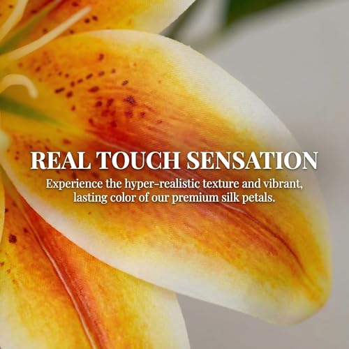 Orange Lily Artificial Flowers,6 Pcs Faux Lilies Flowers,23 Inch Long Stem Tiger Lily Branch with 3 Full Blooms and 4 Leaves, Latex Real Touch Lilium Flower for Wedding Bouquet - color: Orange