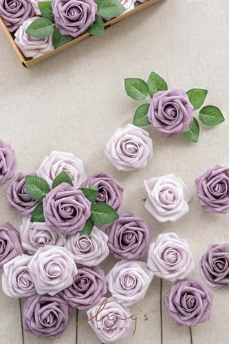 Ling's moment Artificial Roses, Dusty Violet & Pale Lavender, 3 Inch 25 Pcs | Foam Material, With Stems, DIY Floral, Wedding Bouquet/Centerpieces, Party/Room/Garden Decor - color: Pr- Dusty Violet & Pale Lavender, size: 25Pcs