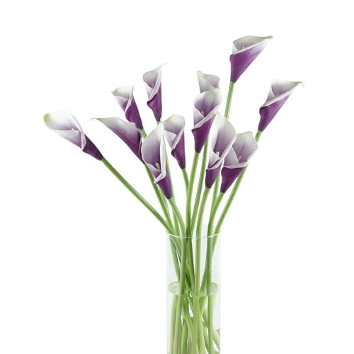 DuHouse 12pcs Calla Lily Artificial Flowers,26" Long Stem Large Calla Lily Flowers,Real Touch Calla Lilies for Party Wedding Bridal Bouquet Home Decor Centerpiece(White-Purple) - color: White-purple