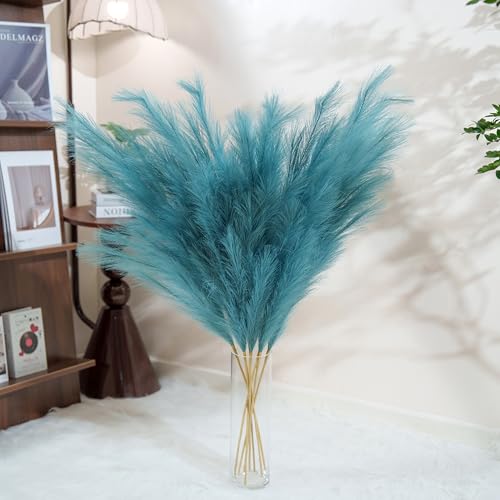 Premium Faux Teal Pampas Grass Decor 8pcs 43.3″ 110cm– Peacock Teal Tall Fluffy Feather Flowers, No Assembly 18-Branch One-Piece Stems for Boho Wedding & Coastal Home Decor, Floor Vase Accent - color: Faux Teal, size: 8pcs 43.3"(110cm)