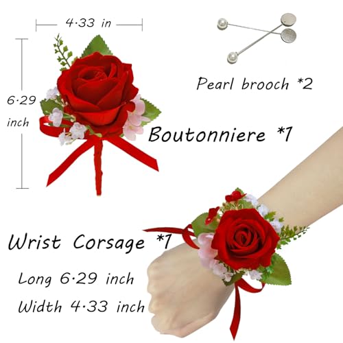 CherishedMoments Corsage and Boutonniere Set, Red Rose Handmade Artificial Flower Wrist Corsage and Groom Boutonniere for Men Wedding, Bridesmaid Hand Flower for Wedding,Prom Suit Decorations - color: Red