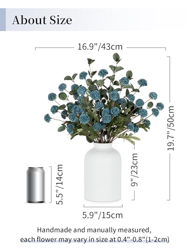 BLOSMON Blue Flowers Artificial for Decoration: Ceramic Vase with 12 Stems of Fake Mums Eucalyptuses Blue Centerpieces for Tables Decor - Faux Silk Pom Poms Floral Arrangement in vase for Living Room - color: Dusty Blue