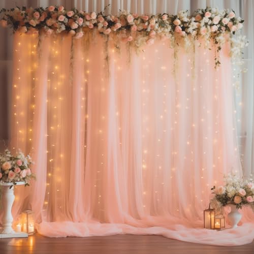 10ft x 10ft Peach Backdrop Curtain Panels with Lights String for Parties, Sheer Tulle Wedding Photo Backdrops Drapes for Baby Shower Birthday Party Decorations Background for Photography - color: Peach, size: W5' x H10'(2 panels)
