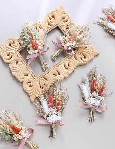 Mini Dried Flower Bouquet (Pack of 6) Suitable for Wedding Party Dinner Plate Decoration, Small Dried Flowers for Crafts, Birthday Cake Bridesmaid Gift Box, Envelope Decoration (Dark Orange) - color: Dark Orange