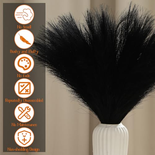 Suncalla 72 Pcs Black Pampas Grass Decor 21.7 Inches Faux Tall Pampas Grass Bulk Artificial Dried Flowers Black Feathers for Vase Filler Home Boho Decor Halloween Wedding Party Gothic Bathroom Wall - color: Black