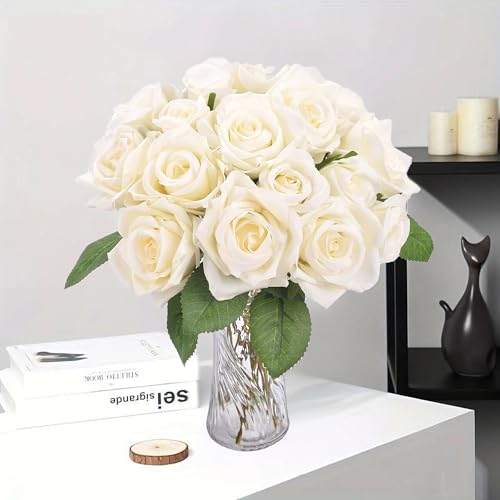 20PCS Artificial Roses with Long Stems - Realistic Silk Flowers, Fake Roses Real Touch Bouquet of Roses for Home Decor, Bridal Wedding Party Table Centerpieces, Bulk Faux Rose Flowers (White) - color: White, size: 20 PCS