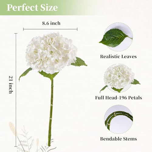 BonBloom's 4 Pcs White Hydrangea Artificial Flowers, 21" Stem Real Touch Latex Faux Hydrangeas Flowers for Tables Centerpieces, Outdoor Party Floral Arrangements Wedding Bouquets Home Decor - color: 4 White, size: 4pcs