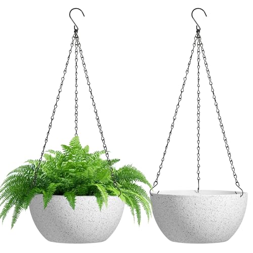 T4U 10 Inch Hanging Planters for Indoor Outdoor Plants - 2 Pack Plastic Hanging Flower Plant Pot with Drainage Hole, Round Hanging Plant Basket for Home Garden Porch Balcony Patio Decor (White) - color: White, size: 10 In