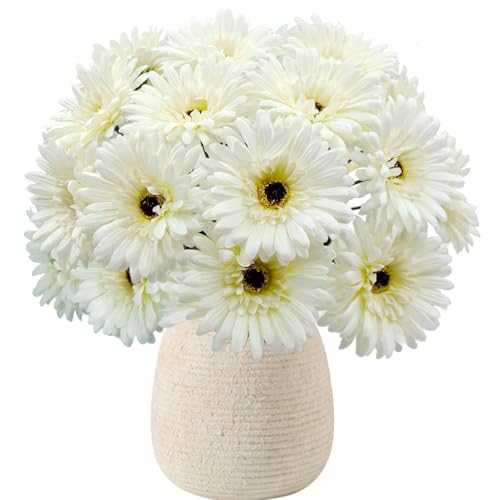 20 Pcs Fake Silk Gerbera Daisy Artificial Flowers with Stems Faux Daisies Flower Bulk for DIY Art Crafts Home Wedding Party Vase Centerpieces Tables Garland Wreath Decoration (White) - color: White