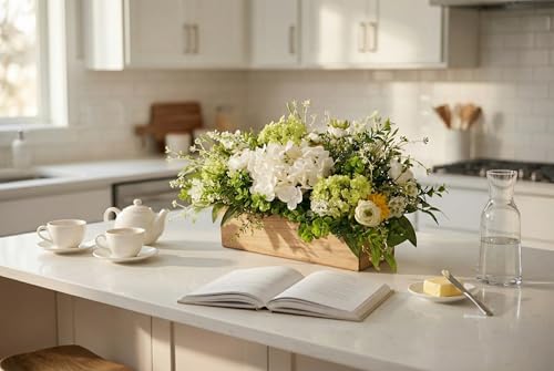 Spring Summer Centerpiece for Table, 18" L Lifelike Artificial Flowers in Rustic Whitewashed Rectangular Wood Box, Lush Spring Faux Floral Arrangement Farmhouse Mantel Shelf Kitchen Island Decor