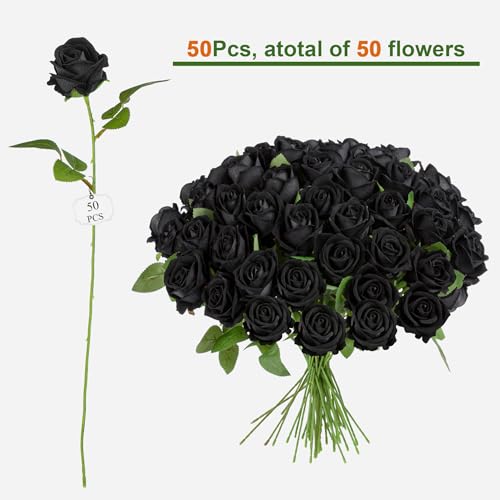 Artificial Flowers Roses Touch Fake Rose Bouquet Flower Stem for Wedding Centerpieces DIY Wreath Home Decorations Silk Roses Mothers Party Fake Outdoor Flowers Decor 19.6"(Black 50PCS) - color: Black 50pcs