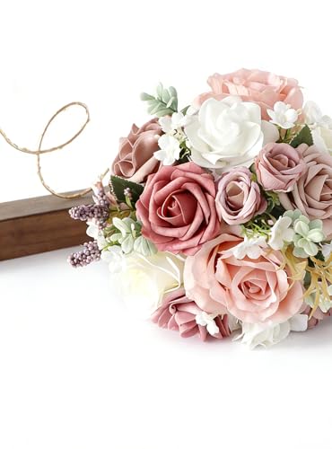 8.6in Artificial Wedding Bridal Bouquet - Blush Pink Rose Floral Arrangement for Bride, Bridesmaid, Wedding Toss, Ceremony & Home Decor (Blush Pink) - color: Blush Pink