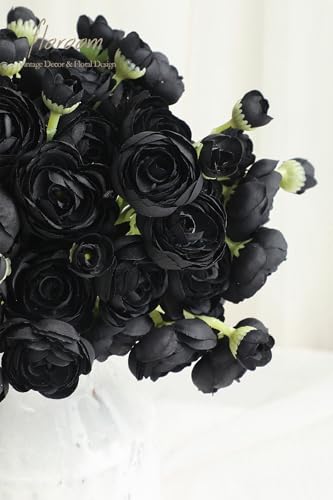 Floroom Ranunculus Artificial Flowers 18 Pcs Black Faux Silk Mini Ranunculus Bulk Fake Wedding Filler Flowers for DIY Bouquets, Centerpieces, Bridal Shower Decorations & Arrangements - color: Black
