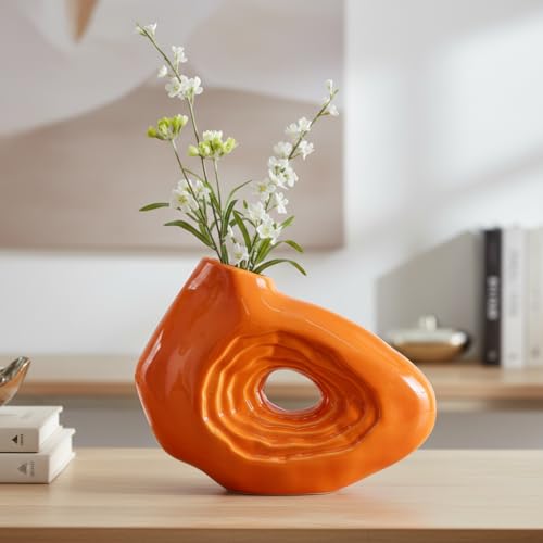 Sunddo Orange Ceramic Vase for Home Decor, 7 Inch Small Donut Flower Vases for Decor, Modern Decorative Vase, Centerpiece, Shelf, Table, Bookshelf, Entryway Decoration - color: Orange, size: 7 inch