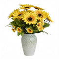 14" Artificial Sunflowers Arrangement in Green & Blue Speckled Ceramic Vase – Faux Sunflower Floral Centerpiece for Spring Home Décor, Tabletop, Shelf & Office Decoration