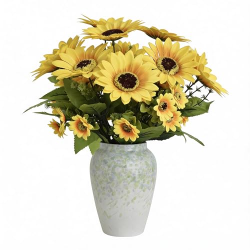 14" Artificial Sunflowers Arrangement in Green & Blue Speckled Ceramic Vase – Faux Sunflower Floral Centerpiece for Spring Home Décor, Tabletop, Shelf & Office Decoration