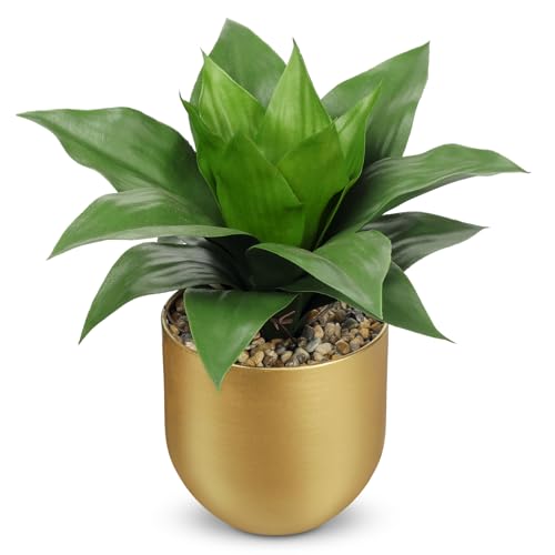 Briful Agave Artificial Wide Leaf Plant in Gold Pot – 10.2” Tall Faux Greenery with Lush Plastic Leaves & Pebble Base, Fake Plant Decor for Indoor Tabletop, Office Desk, Bathroom Shelf - color: Green and Gray Agave Gold Vase