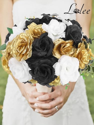 108pcs Roses Head Flowers with Stem - Black Gold White Graduation Artificial Flowers Rose Bulk - Silk Rose Fake Flower for Birthday Wedding Baby Shower Centerpieces Gold Theme Grad Party Tables Decor - color: White-black-gold