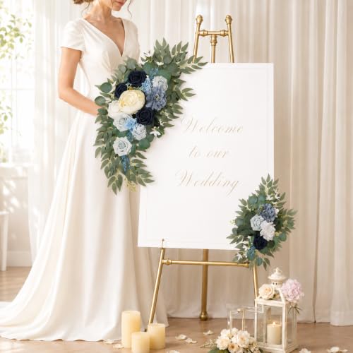 AitnWoy Artificial Wedding Arch Flowers Kit 2 PCS Dust Rose Flowers Silk Peony Floral Swag Welcome Sign for Wedding Ceremony Party Home Garland Decor - color: Blue, size: 2.4*13*14