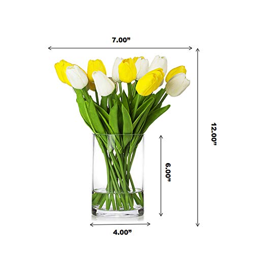 20 Pieces Artificial Real Touch Tulips Flower Arrangement in Glass Vase with Faux Water for Home Decoration (White Yellow) - color: White Yellow