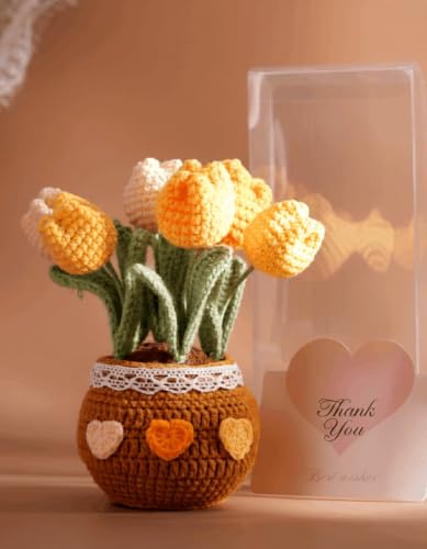 Thank You Gifts for Teachers Crochet Tulips Flower Pot - Handmade Large Crochet Flowers for Women, Graduation End of Year Appreciation Gifts, Positive Tulip Flower Gift for Boss Manager, Yellow - color: Yellow