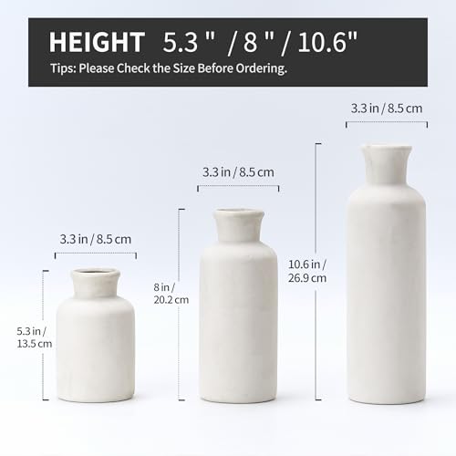 LUKA Ceramic Vase Set of 3,Decorative Terracotta Vases for Home Decor,Rustic Pottery Vase for Your Bedroom,Office,Living Room,Fireplace,Bookshelf （10+7.5+5 Inch） (Antique-White) - color: Antique-white