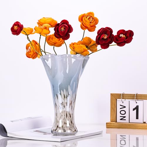 9.0"H Blue Glass Vases for Flowers, Unique Hand Blown Glass Vase Blue White Home Decor, Wide Mouth Colorful Flower Vase Centerpieces, For Living Room Table Bookshelf, Bathroom Office Shelf Decorative - color: Blue White