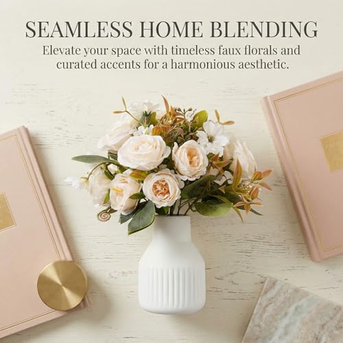 Small 10" Fake Fake Flowers in Vase Silk Roses Artificial Flowers in Ceramic Vase,Faux Flower Plant Arrangement for Home Office Farmhouse Bathroom Dining Table Centerpiece Decorations (White)