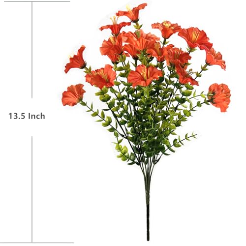 Artificial Flowers for Outdoor Spring Summer Decoration Fake Plastic Flower Plant, Faux Colorful Silk Morning Glory Eucalyptus Greenery Shrubs for Outside Garden Porch Front Door Decor Orange 8 Pack - color: Morning Glory - Orange - 8 Pack