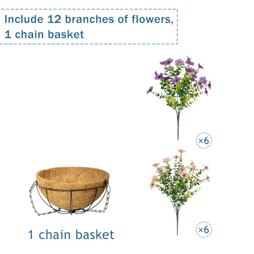 Artificial Hanging Flowers for Outdoors with Basket,UV Resistant Realistic Faux Hanging Plants Outdoor Artificial Flowers for Outdoors Basket for Yard Porch Patio,12 Bundles(6,Pink,Purple) - color: Pink+purple