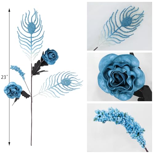 Cemetery Artificial Flowers with Vase Angel Mark - 2 Set Artificial Blue Rose Grave Memorial Flowers- Prayer & Trumpet Angel Pendant for Headstones Gravesite Decoration - color: Blue Ym