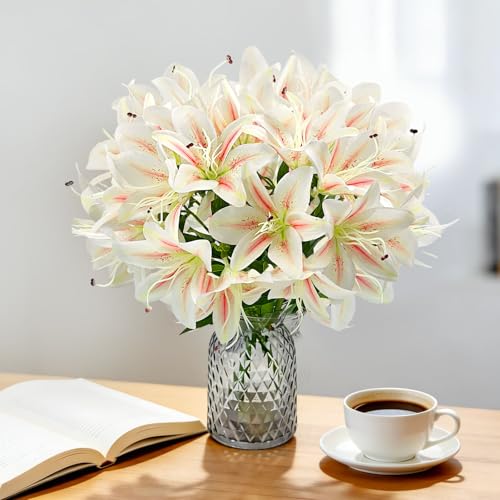 Daily Treasures 2Pack Artificial Lily Flowers, Faux Tiger Lily Bouquets with 10 Heads per Stem (2 Stems, 20 Heads Total), Pink White Blooms, 17.7in Silk Lilies for Home Hotel Decor
