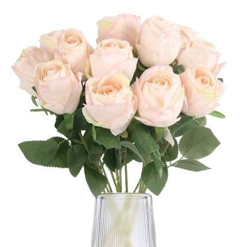 12Pcs Pink Roses Artificial Flowers 20" Vintage Silk Fake Roses with Stem for Vase Realistic Faux Roses Bouquet for Wedding Table Centerpieces Home Decorations DIY Party Arrangements (Light Pink) - color: Light Pink
