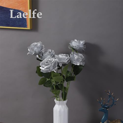 Laelfe 12 PCS Artificial Flowers Silver Roses, Silk Flowers Fake Long Stem Artificial Roses for Home Wedding Bathroom Kitchen Decorations (Silver) - color: Silver