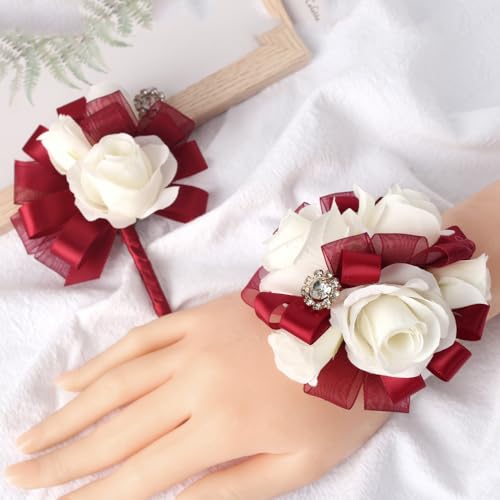 Wrist Corsage and Boutonniere Set Ivory Rose Corsage Wristlet for Homecoming Wedding Party Groom Bride Artificial Flower (Red and Ivory) - color: Red and Ivory