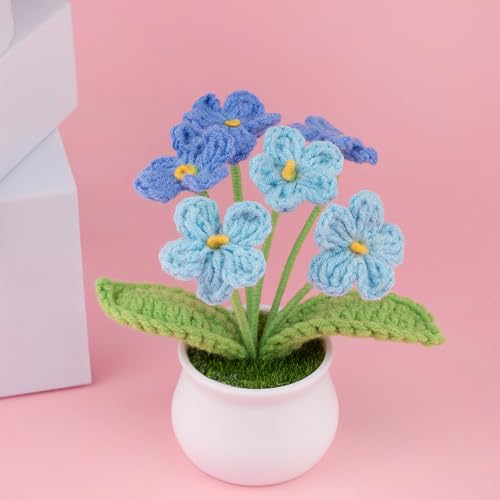 Blync Knitting Crochet Flowers Potted Plants, Fake Forget Me Not Flowers for Friends, Family and Lover, Artificial Handmade Flowers for Valentines Birthday Wedding Gift and Home Decor (Gblue) - color: Gblue
