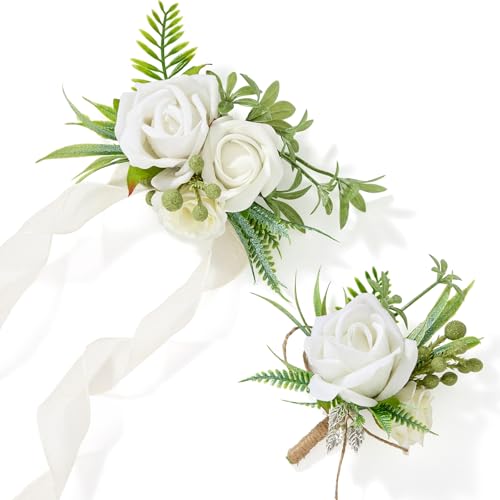 Alecono White Corsage and Boutonniere Set, Rose Bride Wrist Corsage and Groom Boutonniere for Wedding Prom Flower Accessories Suit Decorations - color: White, size: Corsage and Boutonniere Set