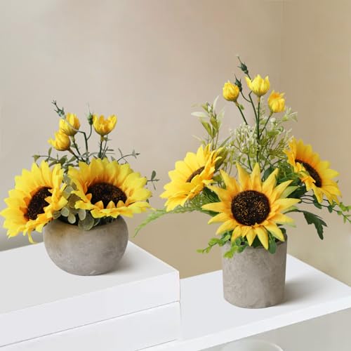 Leftover Sunflower Artificial Flowers Pot,Sunflower Decor,Flower Centerpieces for Tables,Fake Flowers in Vase for Summer Decor, Yellow Decor - size: 7.48''+11.4''(Sunflower pot)