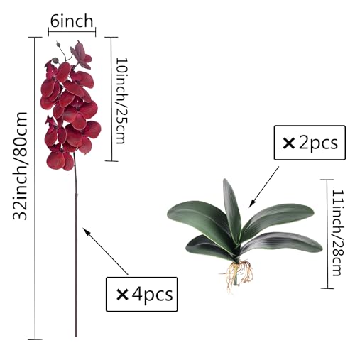 FagusHome 32" Artificial Phalaenopsis Flowers 4 Pcs with 2 Bundles Leaves Artificial Orchid Flowers Stem Plants Fake Butterfly Phalaenopsis Flowers for Home Wedding Party Décor (Red) - color: Red