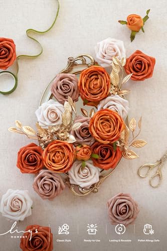 Ling's moment Artificial Flowers Fake Silk Roses Faux Foam Flower Combo for DIY Wedding Bouquets Centerpieces Arrangements Bridal Shower Party Home Decorations, Orange & Dusty Rose, 21pcs - color: Or-orange & Dusty Rose