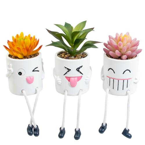 3 Pcs Cute Fake Plant Mini Potted Succulents with Hanging Leg White Pot Creative Artificial Succulent Plants in Funny Pot Faux Succulents for Home Office Shelf Desk Decor and Gift Choice - color: 3set-white