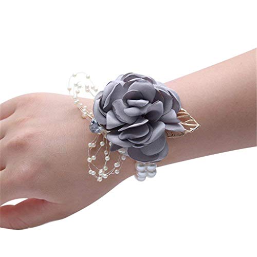 Rose Wedding Wrist Corsage and Boutonniere Set Party Prom Hand Ribbon Flower Suit Decor (Light Gray) - color: Light Gray
