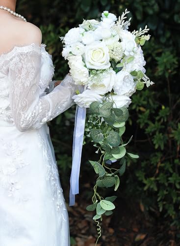 10 Inch White Rose Bouquets for Bride Spring Wedding Cascading Bridal Bouquet Ivory White Sage Green Artificial Silk Flower Winter Boho Rustic Ceremony Anniversary Decor Toss Bouquet - color: White Rose