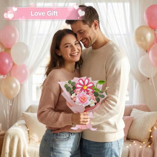 Crochet Flower Bouquet, Pink Handmade Knitted Flowers, Crochet Rose Flowers with Card Gift for Her Wife Lover Girlfriend Friends Valentines Day Birthday Mother's Day Graduation Wedding Home Decor - color: Pink Rose