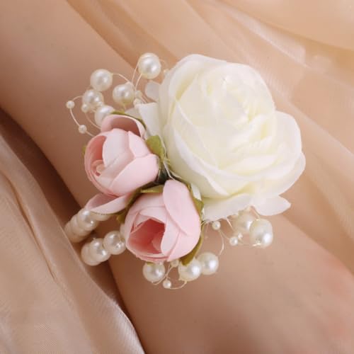 Wrist Corsages Set of 6 for Wedding Bridal Bride Bridesmaid Artificial Hand Flower Corsage Wristlet Band Homecoming Graduation Prom Party Ivory and Pink - color: Ivory & Pink Corsages (6pcs)