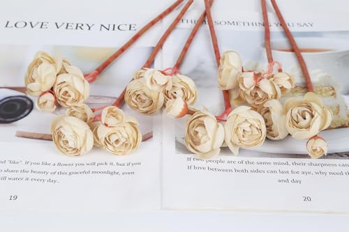 IPOPU Ranunculus Artificial Flowers 2Bouquets Silk Flowers with Stems 12PCS Mini Fake Flowers for DIY Wedding Bouquet Bridal Shower Decorations Floral Filler Flowers Centerpieces (Beige) - color: Beige