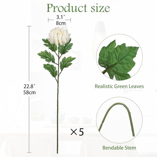 Hollyone 5Pcs Fake Mums Flowers White Artificial Chrysanthemum Flowers Silk 22.8inch Long Stem Floral Arrangements Bouquets Faux Spider Mum Flower Pincushion Flower Bush Spring Home Decor - color: White