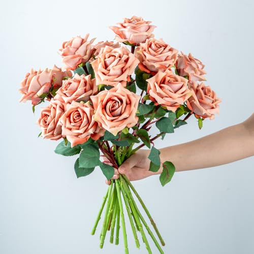 Ttranewsoo Fake Roses Faux Flowers Silk Roses 16.5In Artificial Roses with Stems Realistic Artificial Flowers Suitable for Indoor Home Decoration Diy Bouquet Wedding Decoration Party Decor 12PCS Khaki - color: Khaki 12pcs
