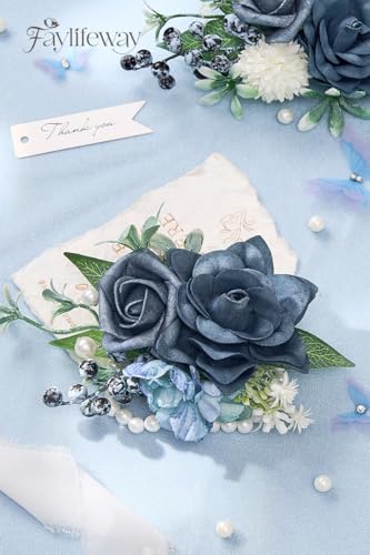 Blue Rose Corsage and Boutonniere Set, Prom Flower Wrist Corsage for Wedding Bridesmaid Mother Grandmother, Artificial Flowers for Homecoming Party Anniversary Graduation Decor - color: Blue, size: 1 Corsage & 1 Boutonniere