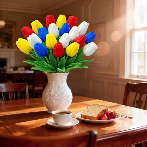 20 Pcs Tulips Artificial Flowers, 13.5'' Real Touch PU Fake Flowers Bouquet for Home Party, Spring Wedding Floral Arrangement, Valentine's, Easter and Mother's Day Decor (Yellow,Red,Blue) - color: Yellow,red,blue